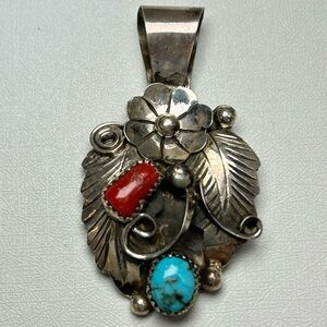 NWT Signed JT Navajo Turquoise Coral Native Teardrop Pendant Sterling Silver 925